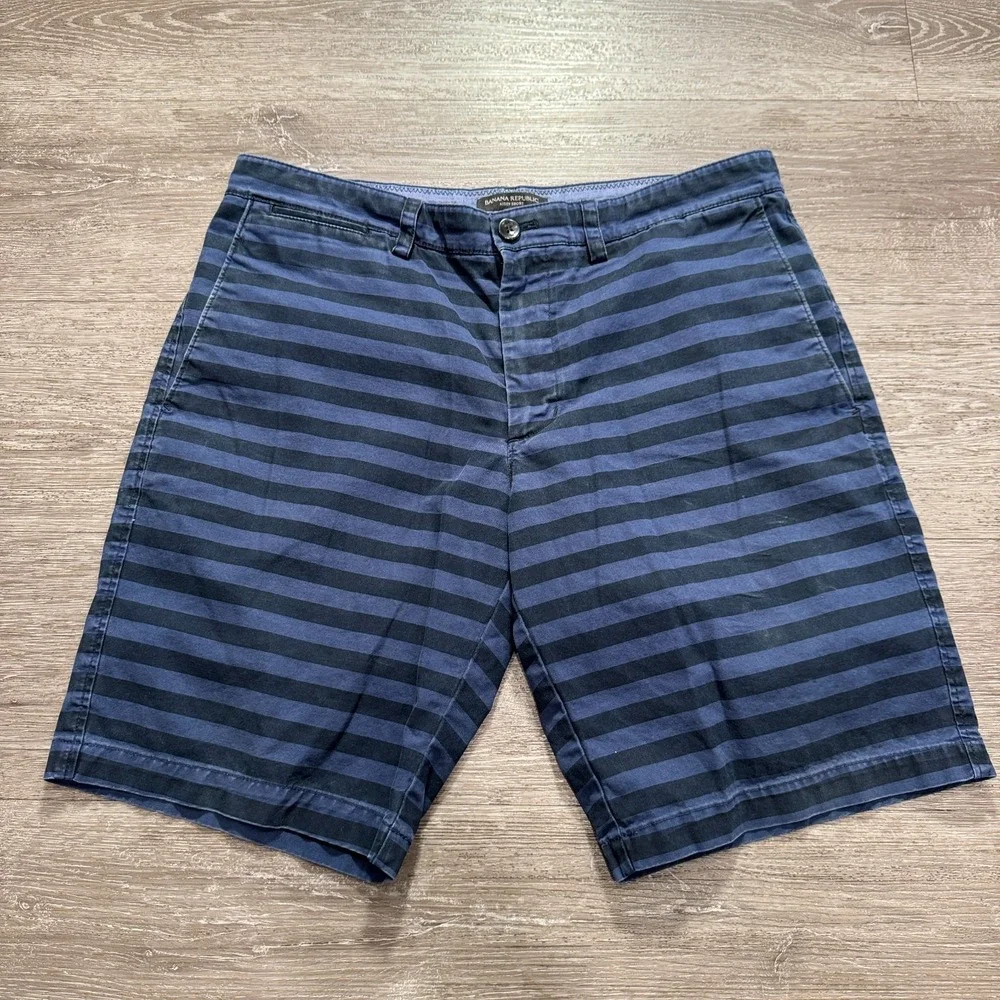 Banana Republic Shorts Mens 33 Blue‎ Striped Aiden Cotton Casual Chino Summer